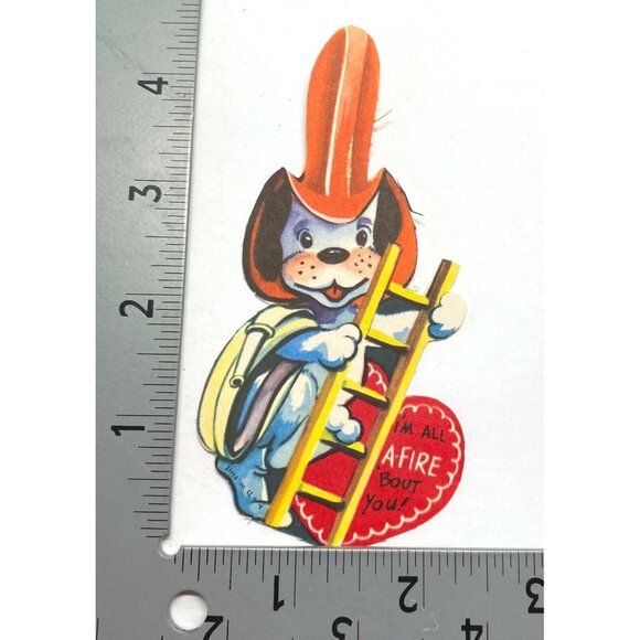 Vintage Valentines Day Greeting Card Firefighter DogClimbing Ladder Design 1940s - Picture 3 of 5